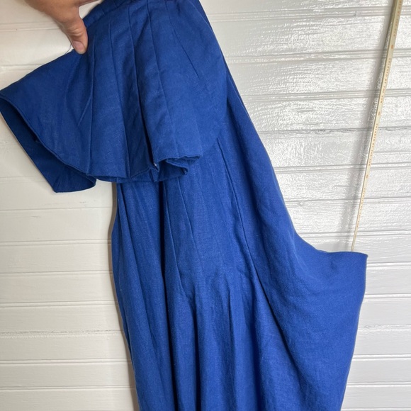 Farm Rio Women's One-Shoulder Leaf Blue Midi Maxi Lenzing Dress M Belted Waist - Picture 4 of 10